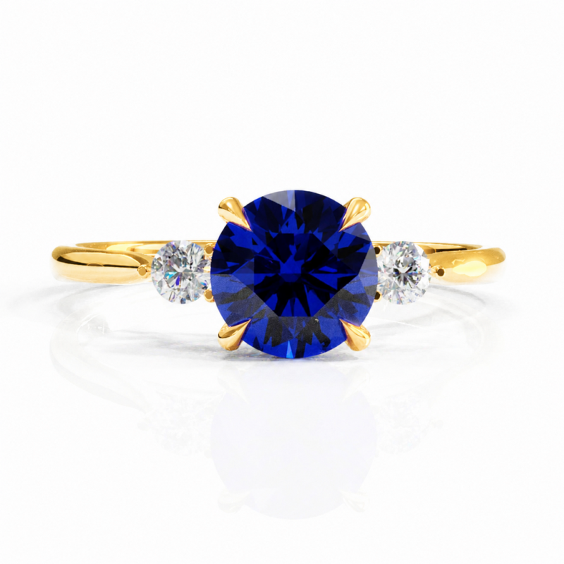 Round Cut Lab Grown Sapphire Three Stone Engagement Ring - Image 1