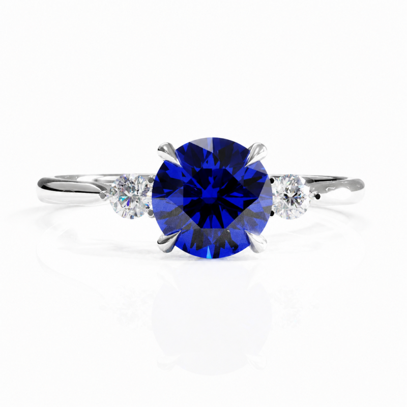 Round Cut Lab Grown Sapphire Three Stone Engagement Ring - Image 3