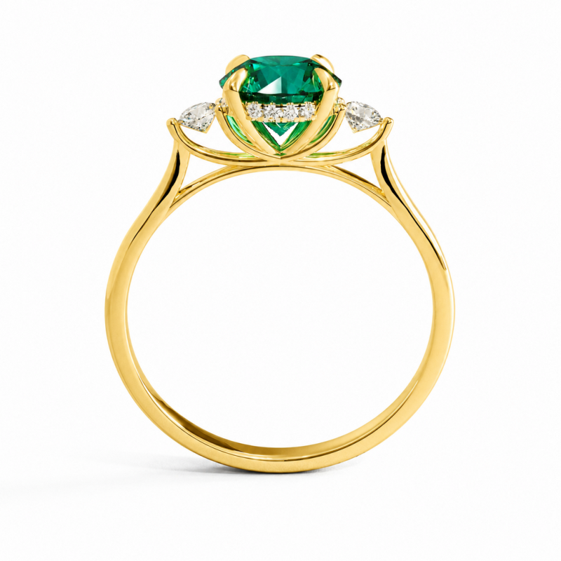 Round Cut Lab Grown Emerald Three Stone Engagement Ring - Image 4