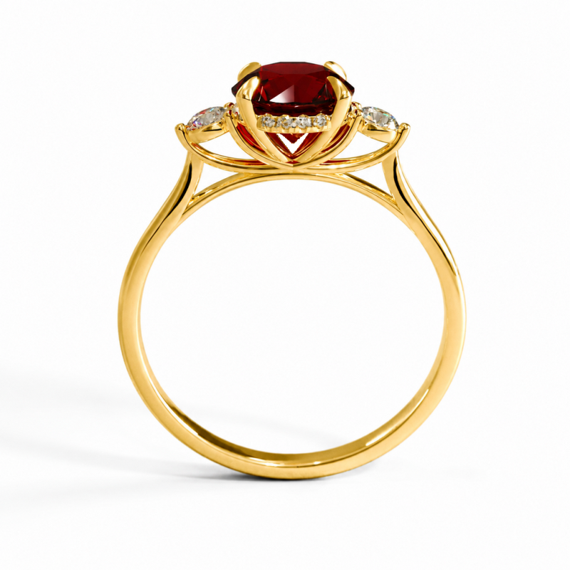 Round Cut Lab Grown Ruby Three Stone Engagement Ring - Image 4