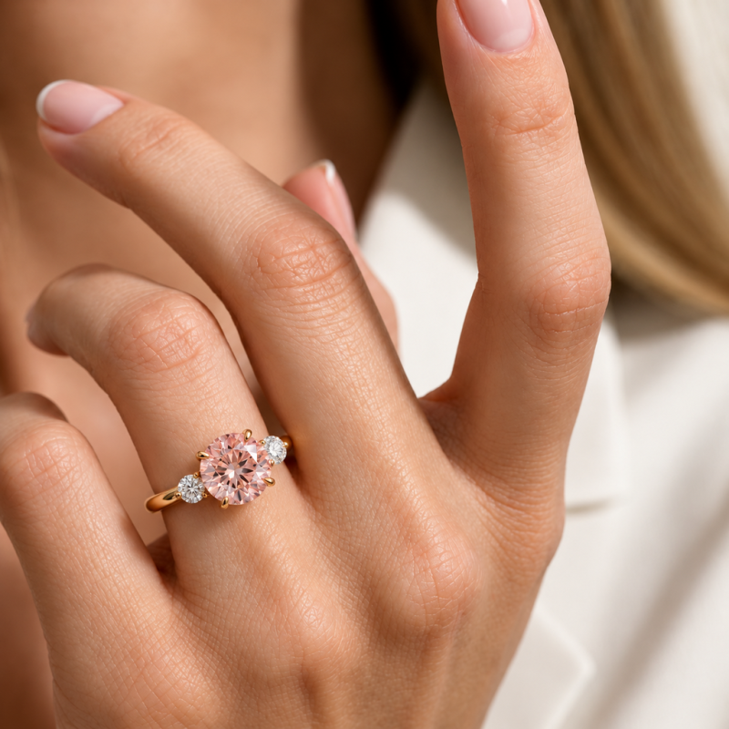 Round Cut Lab Grown Morganite Three Stone Engagement Ring - Image 5