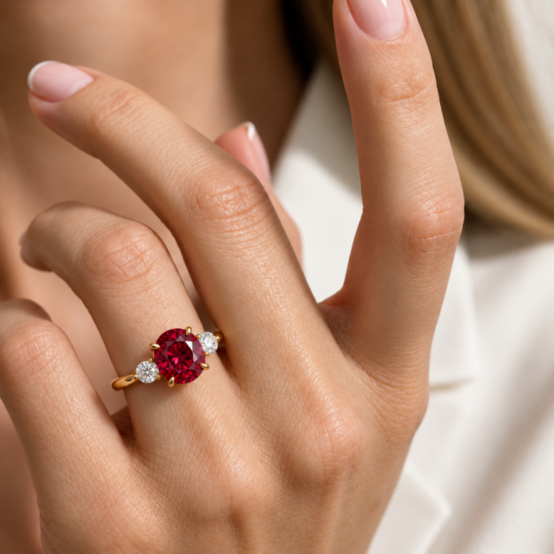 Round Cut Lab Grown Ruby Three Stone Engagement Ring - Image 5