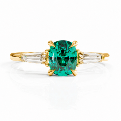 Elongated Cushion Cut Lab Grown Emerald Three Stone Engagement Ring