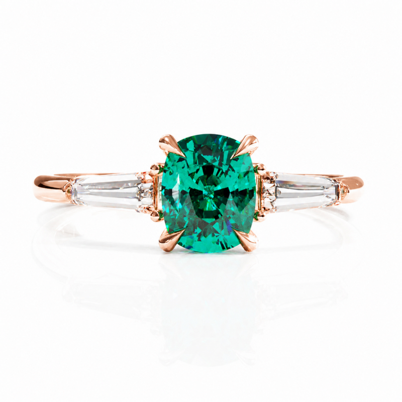 Elongated Cushion Cut Lab Grown Emerald Three Stone Engagement Ring - Image 2