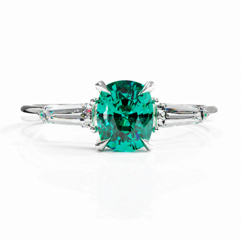 Elongated Cushion Cut Lab Grown Emerald Three Stone Engagement Ring - Image 3