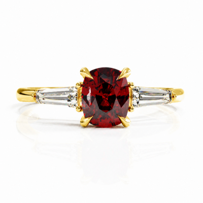 Elongated Cushion Cut Lab Grown Ruby Three Stone Engagement Ring