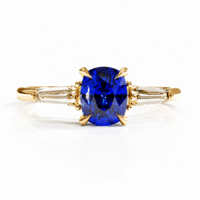 Elongated Cushion Cut Lab Grown Sapphire Three Stone Engagement Ring