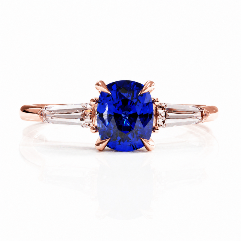 Elongated Cushion Cut Lab Grown Sapphire Three Stone Engagement Ring - Image 2