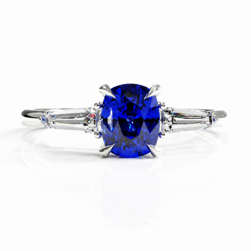 Elongated Cushion Cut Lab Grown Sapphire Three Stone Engagement Ring - Image 3