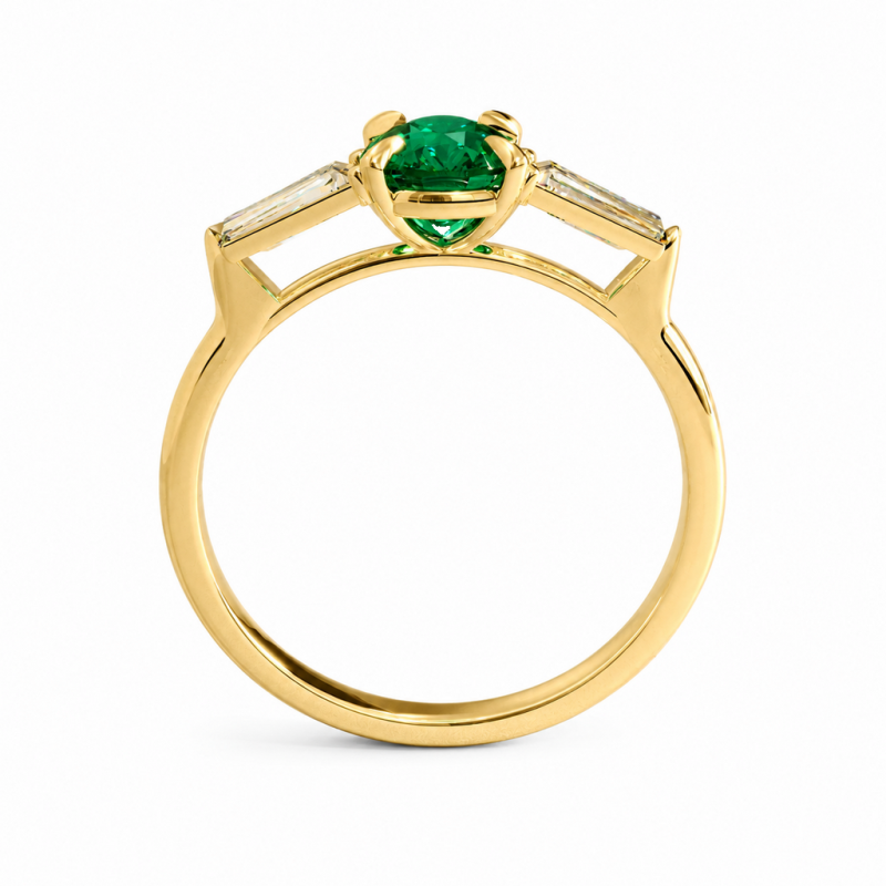 Elongated Cushion Cut Lab Grown Emerald Three Stone Engagement Ring - Image 4