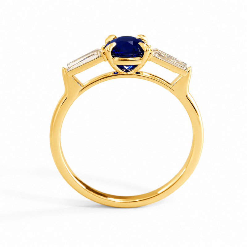 Elongated Cushion Cut Lab Grown Sapphire Three Stone Engagement Ring - Image 4