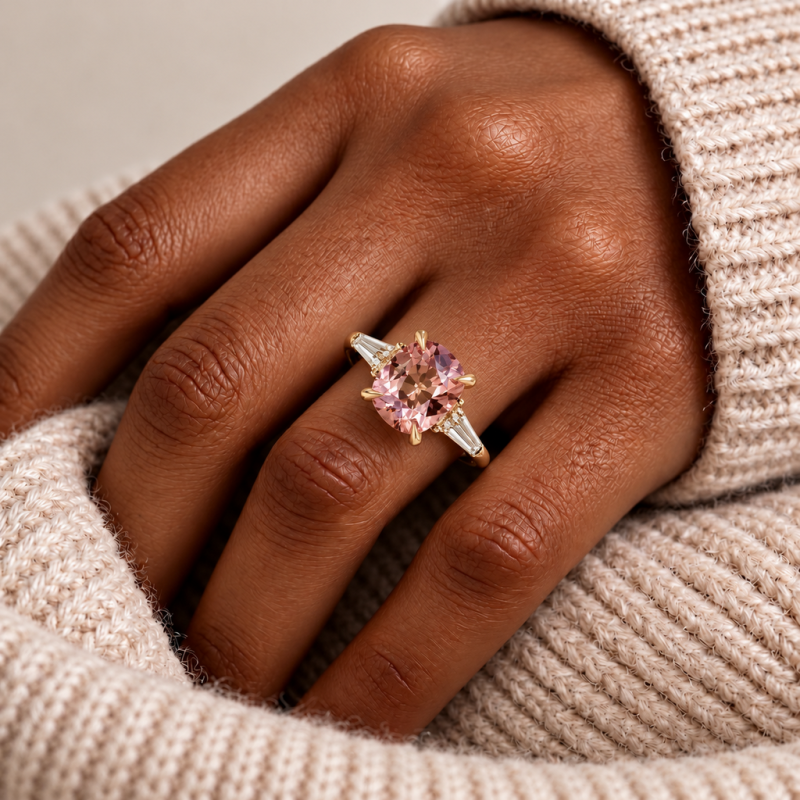 Elongated Cushion Cut Lab Grown Morganite Three Stone Engagement Ring - Image 5