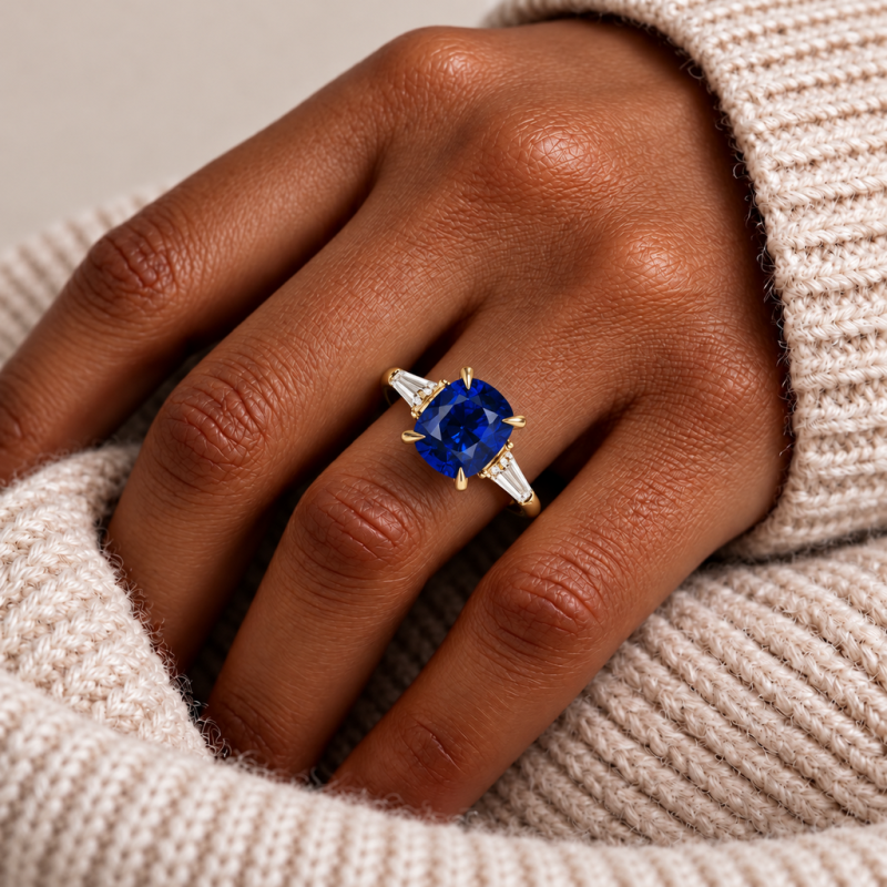 Elongated Cushion Cut Lab Grown Sapphire Three Stone Engagement Ring - Image 5