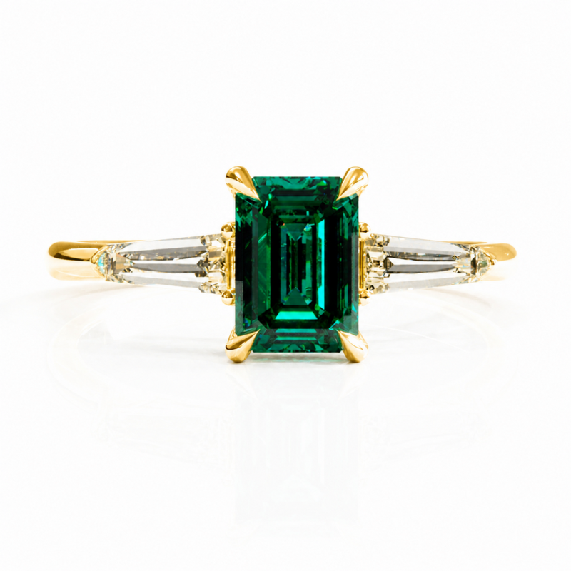 Emerald Cut Lab Grown Emerald Three Stone Engagement Ring - Image 1