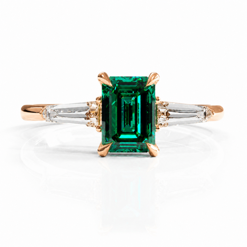 Emerald Cut Lab Grown Emerald Three Stone Engagement Ring - Image 2