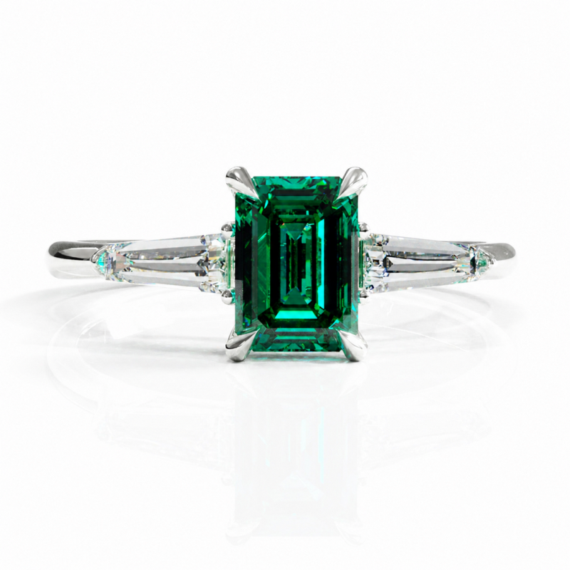 Emerald Cut Lab Grown Emerald Three Stone Engagement Ring - Image 3