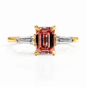 Emerald Cut Lab Grown Morganite Three Stone Engagement Ring