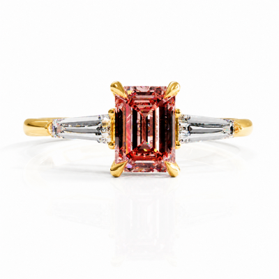Emerald Cut Lab Grown Morganite Three Stone Engagement Ring
