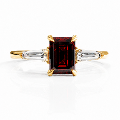 Emerald Cut Lab Grown Ruby Three Stone Engagement Ring