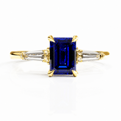 Emerald Cut Lab Grown Sapphire Three Stone Engagement Ring