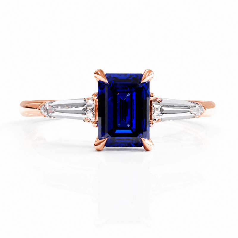 Emerald Cut Lab Grown Sapphire Three Stone Engagement Ring - Image 2