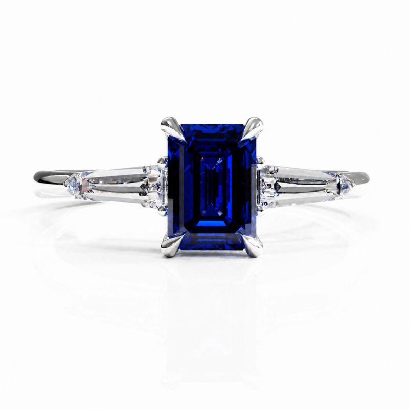 Emerald Cut Lab Grown Sapphire Three Stone Engagement Ring - Image 3