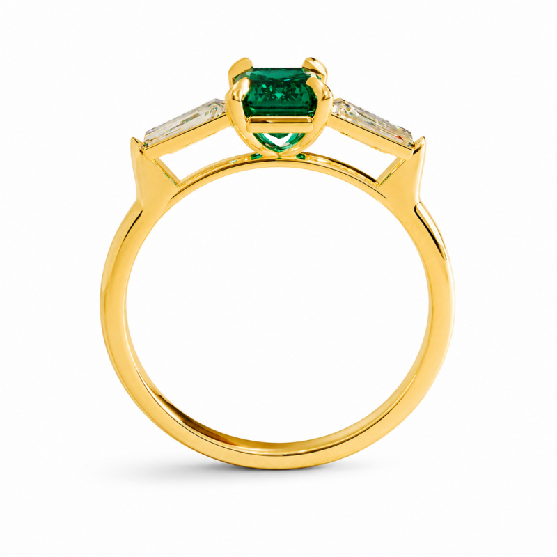 Emerald Cut Lab Grown Emerald Three Stone Engagement Ring - Image 4