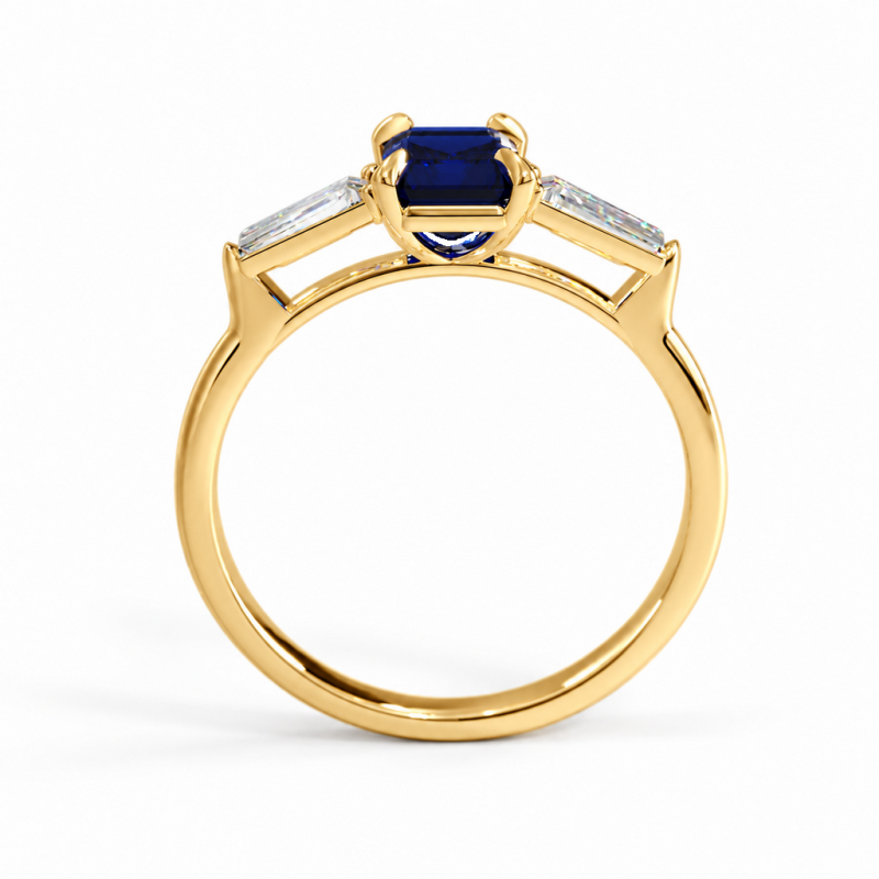 Emerald Cut Lab Grown Sapphire Three Stone Engagement Ring - Image 4