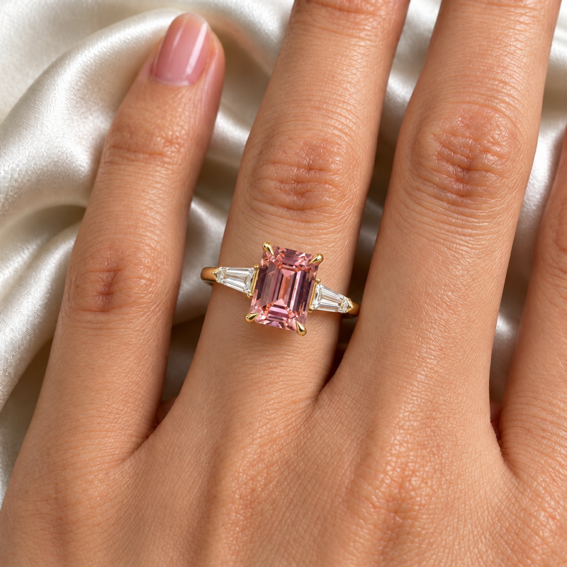 Emerald Cut Lab Grown Morganite Three Stone Engagement Ring - Image 5