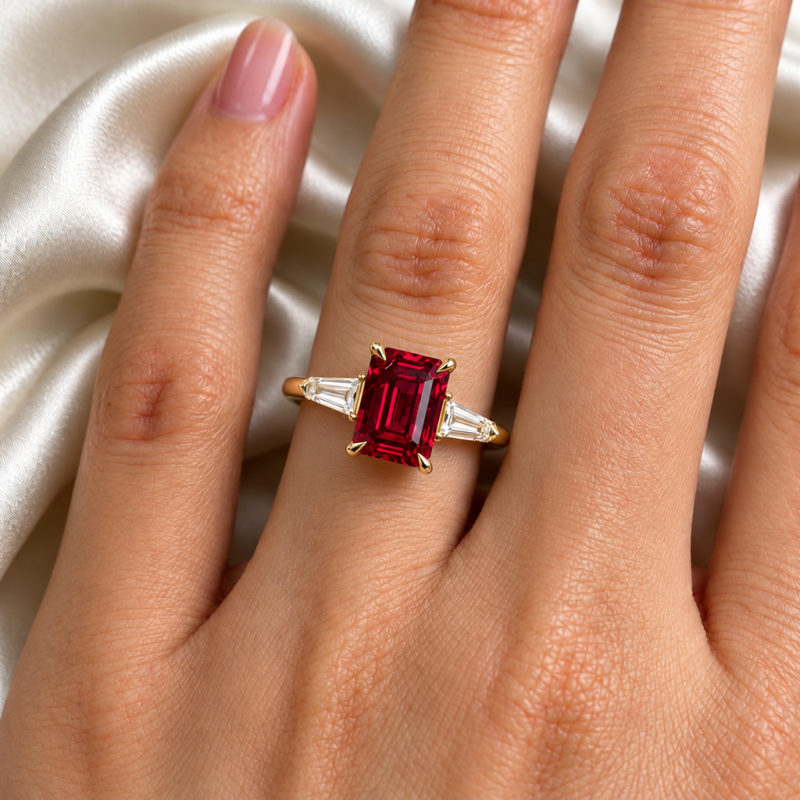 Emerald Cut Lab Grown Ruby Three Stone Engagement Ring - Image 5