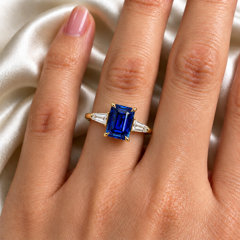 Emerald Cut Lab Grown Sapphire Three Stone Engagement Ring - Image 5