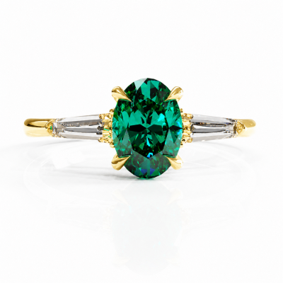 Oval Cut Lab Grown Emerald Three Stone Engagement Ring