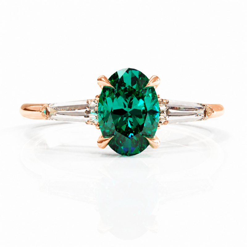 Oval Cut Lab Grown Emerald Three Stone Engagement Ring - Image 2
