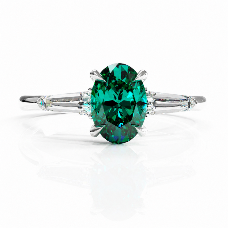 Oval Cut Lab Grown Emerald Three Stone Engagement Ring - Image 3