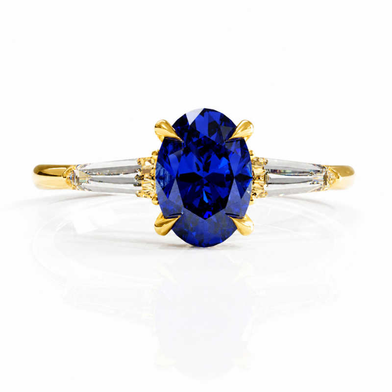 Oval Cut Lab Grown Sapphire Three Stone Engagement Ring - Image 1
