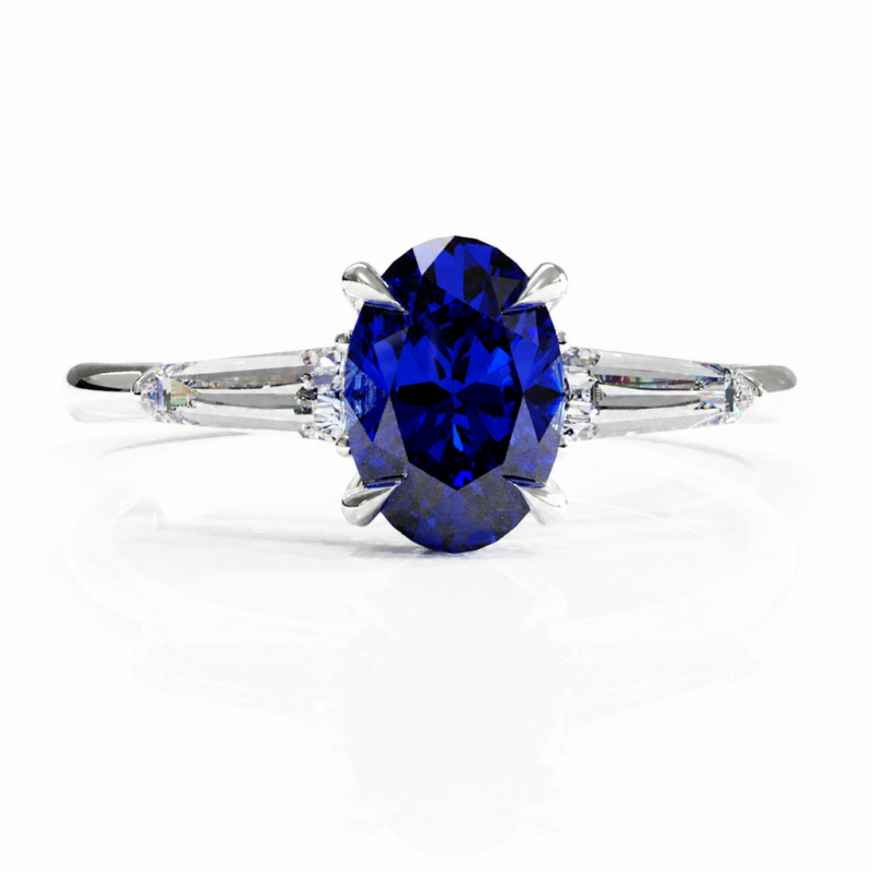 Oval Cut Lab Grown Sapphire Three Stone Engagement Ring - Image 3