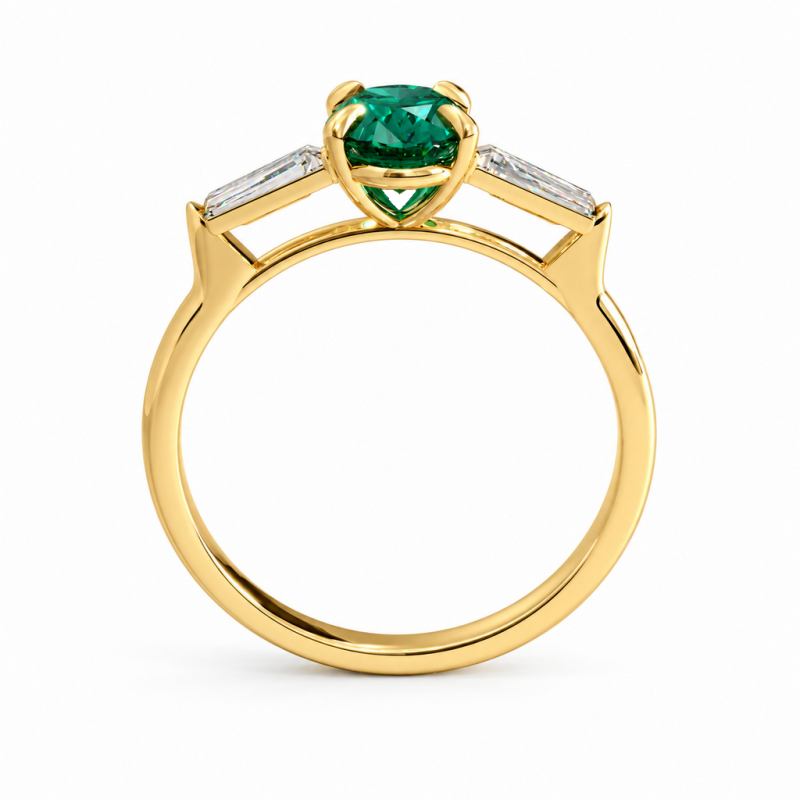 Oval Cut Lab Grown Emerald Three Stone Engagement Ring - Image 4