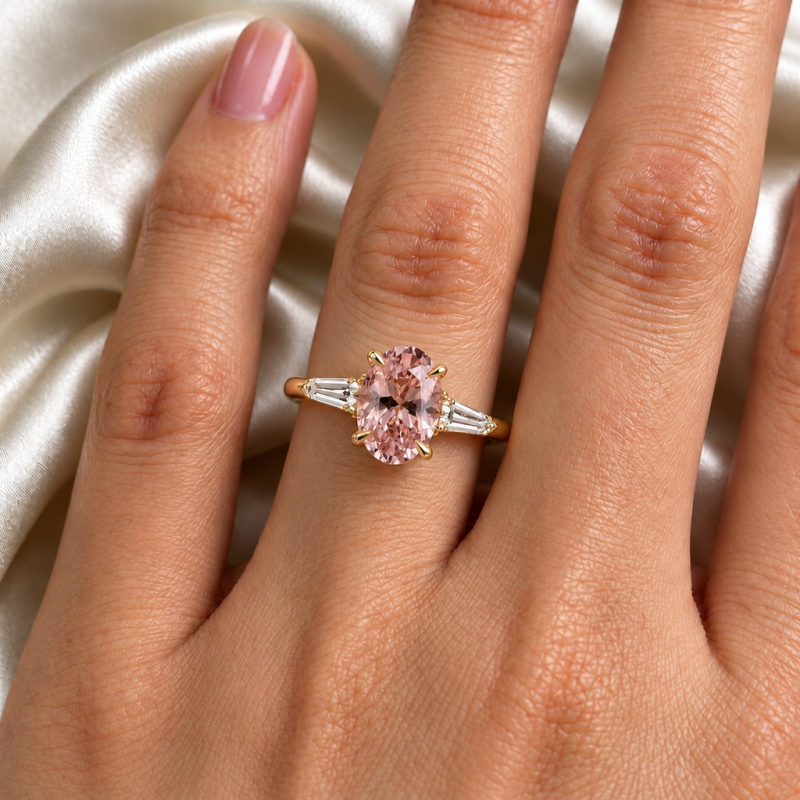 Oval Cut Lab Grown Morganite Three Stone Engagement Ring - Image 5