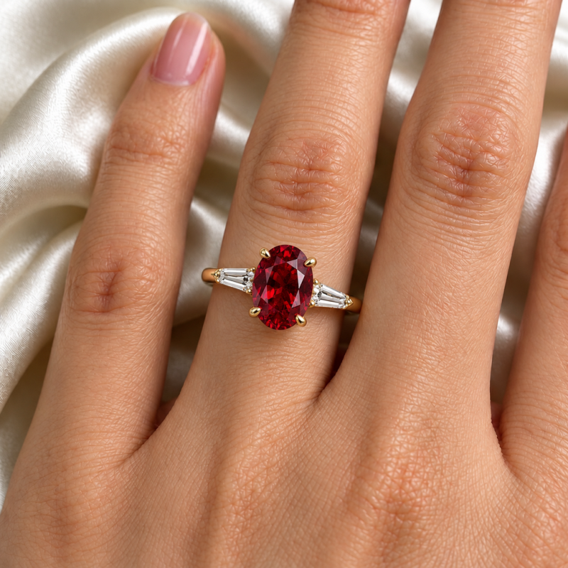 Oval Cut Lab Grown Ruby Three Stone Engagement Ring - Image 5