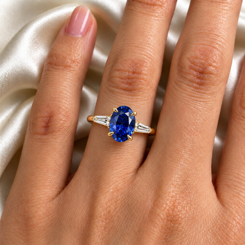 Oval Cut Lab Grown Sapphire Three Stone Engagement Ring - Image 5