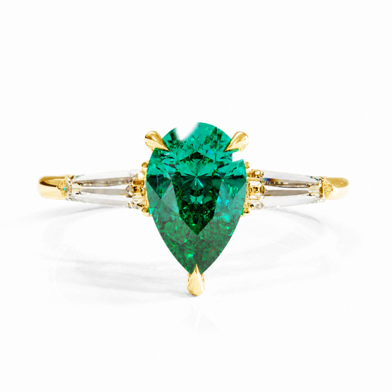 Pear Cut Lab Grown Emerald Three Stone Engagement Ring - Image 1