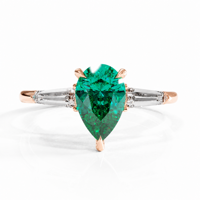 Pear Cut Lab Grown Emerald Three Stone Engagement Ring - Image 2