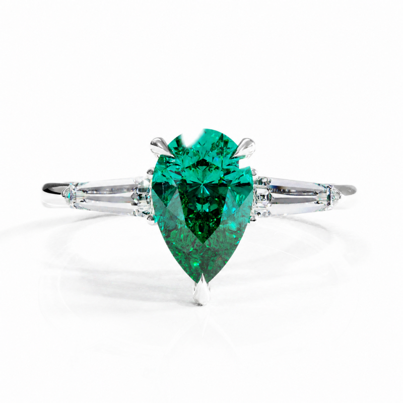 Pear Cut Lab Grown Emerald Three Stone Engagement Ring - Image 3