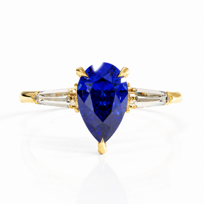Pear Cut Lab Grown Sapphire Three Stone Engagement Ring
