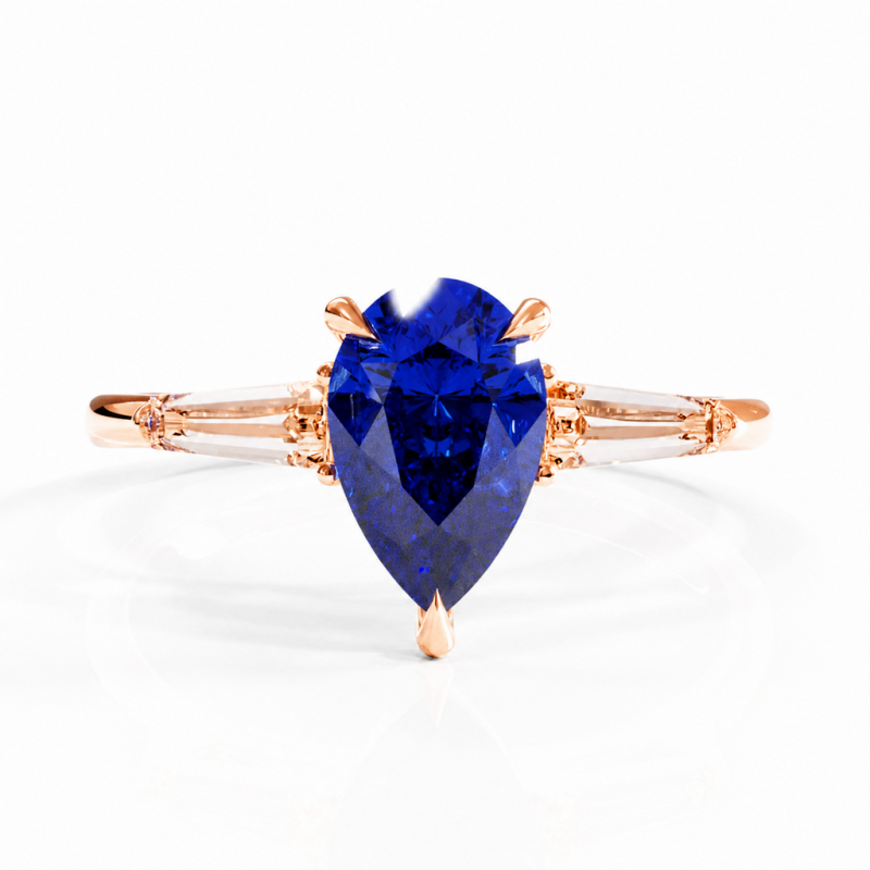 Pear Cut Lab Grown Sapphire Three Stone Engagement Ring - Image 2