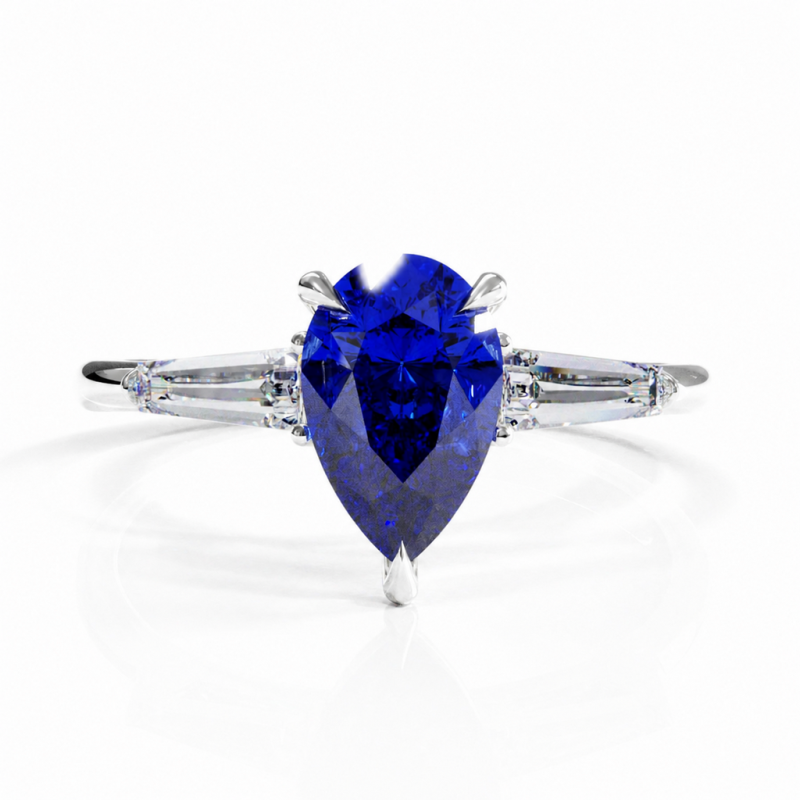 Pear Cut Lab Grown Sapphire Three Stone Engagement Ring - Image 3