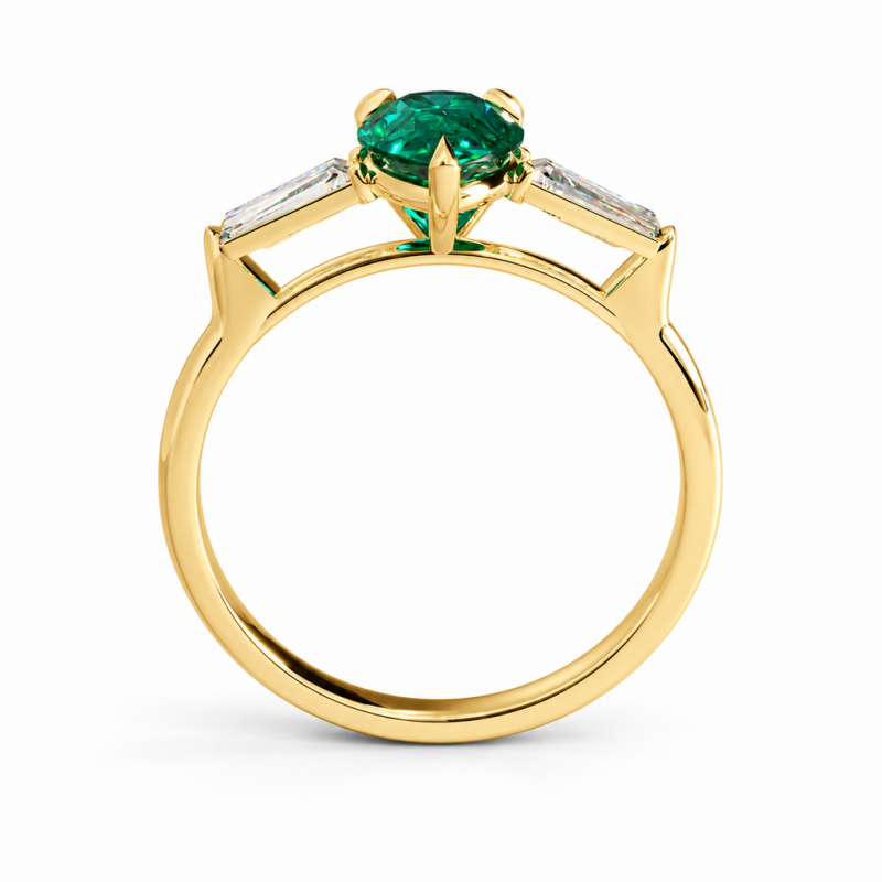 Pear Cut Lab Grown Emerald Three Stone Engagement Ring - Image 4