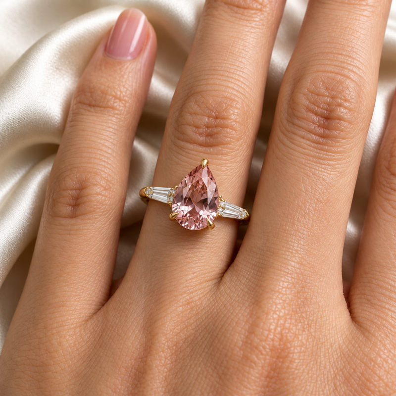 Pear Cut Lab Grown Morganite Three Stone Engagement Ring - Image 5