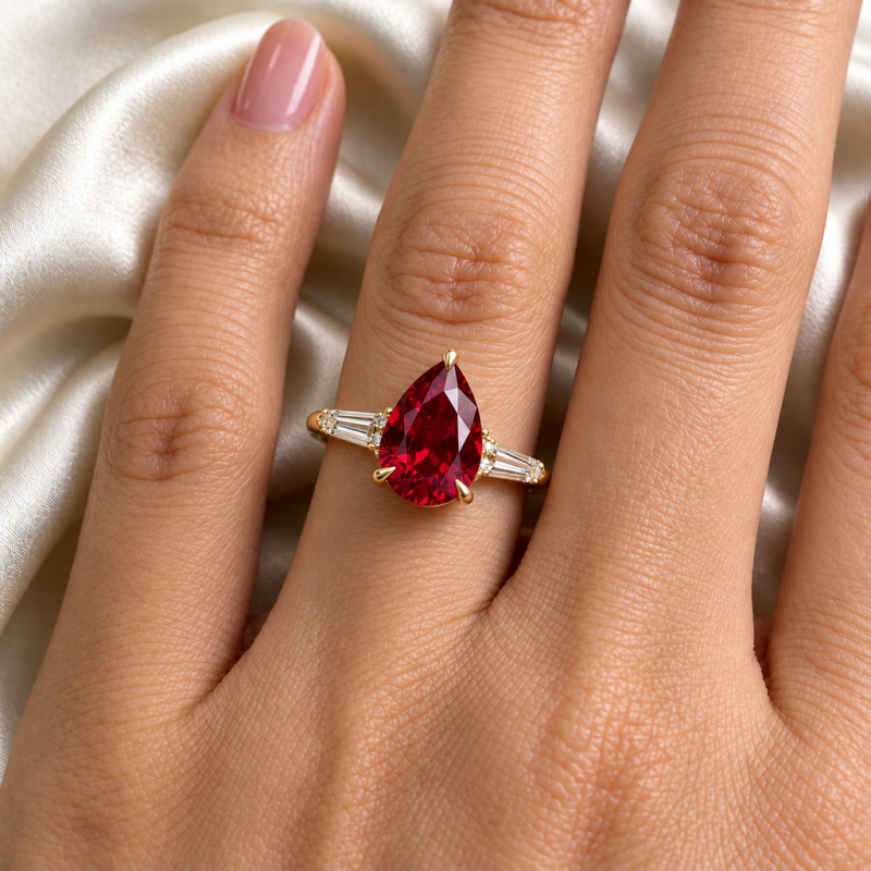 Pear Cut Lab Grown Ruby Three Stone Engagement Ring - Image 5