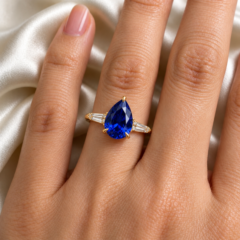Pear Cut Lab Grown Sapphire Three Stone Engagement Ring - Image 5